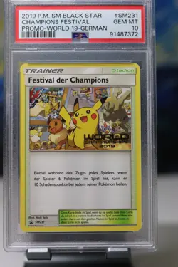 PSA 10 Gem Mint 2019 GERMAN Champions Festival Pokemon Worlds SM231 Promo Card - Image 1