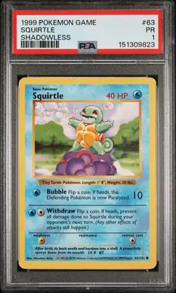 1999 POKEMON GAME SHADOWLESS #63 SQUIRTLE PSA 1 - Image 1