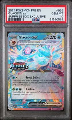 2025 POKEMON PRISMATIC EVOLUTIONS SURPRISE BOX EXCLUSIVE #026 GLACEON EX PSA 10 - Image 1