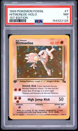 1999 POKEMON FOSSIL 1ST EDITION #7 HITMONLEE-HOLO PSA 7 - Image 1
