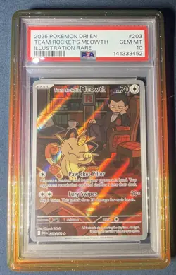 Pokemon TCG Team Rockets Meowth Illustration Rare 203/182 Destined Rivals PSA 10 - Image 1