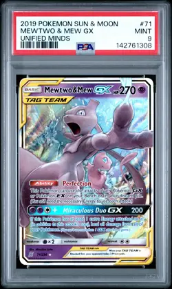 2019 POKEMON SUN & MOON UNIFIED MINDS #71 MEWTWO & MEW GX PSA 9 - Image 1