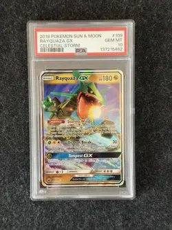2018 Pokemon TCG Rayquaza GX Holo 109/168 SM Celestial Storm Ultra Rare PSA 10 - Image 1