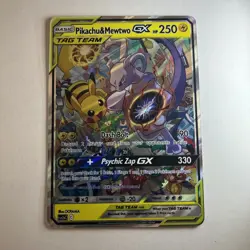 Pikachu & Mewtwo GX Tag Team FAN ART Custom Holo Full Art Pokemon Card - Image 1