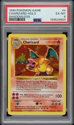 1999 POKEMON GAME SHADOWLESS #4 CHARIZARD-HOLO PSA 6 - Image 1