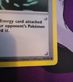 Energy Removal #92/102 1st Edition Trainer Base Set Pokemon TCG - 3D Stamp Error - Image 5