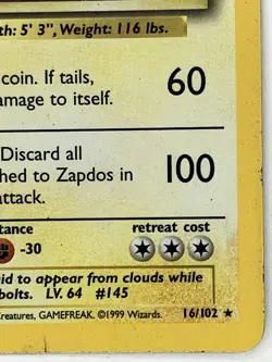 Zapdos MP 16/102 Unlimited Base Set Pokemon TCG Holo - Image 5