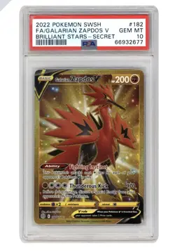 2022 Pokemon Sword & Shield Brilliant Stars Galarian Zapdos V PSA 10 Secret #182 - Image 1