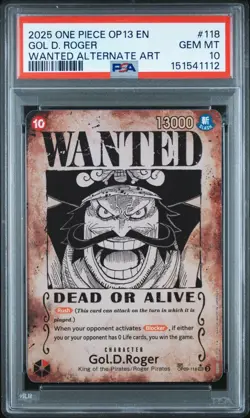 2025 ONE PIECE OP13 #118 GOL D. ROGER WANTED ALTERNATE ART EN PSA 10 - Image 3