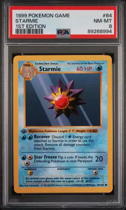 Pokemon Card Starmie 64/102 1st Edition PSA 8 Shadowless Base Set - Image 1