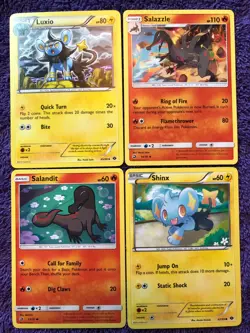 POKEMON CARD x4 SALAZZLE 14/70 SALANDIT 13/70 LUXIO 45/99 SHINX 42/99 UNPLAYED - Image 1