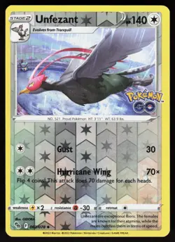 Unfezant 063/078 Uncommon Pokemon GO Pokemon Reverse Holo Lightly Played - Image 1