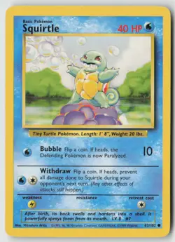 Squirtle 63/102 Common Base Set Unlimited Pokemon Moderately Played - Image 1