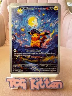 *CUSTOM* Pikachu with The Starry Night Felt Hat Van Gogh Handmade Card TCGKITTEN - Image 1