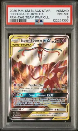Pokemon Espeon & Deoxys GX SM240 PSA 8 Sun & Moon Tag Team Promo Full Art Holo - Image 1
