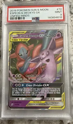 2019 Pokemon Sun & Moon Unified Minds #72 Espeon & Deoxy GX PSA 9 - Image 1