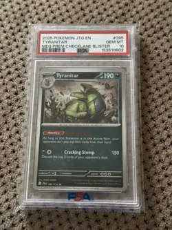 2025 Pokemon JTG Tyranitar 095 Meg Prem Checklane Blister Cosmos Holo PSA 10 - Image 1