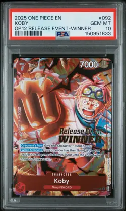 2025 ONE PIECE PROMOS LEGACY OF THE MASTER RELEASE EVENT-WINNER #092 KOBY PSA 10 - Image 1