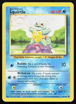 SQUIRTLE 63/102 COMMON BASE SET UNLIMITED POKEMON HP - Image 1