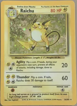 POKEMON Card BASE Set RAICHU #14/102 Black Star Ultra Rare Holo Hologram VG-NM - Image 1
