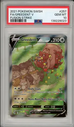 2021 Pokemon SWSH Fusion Strike Greedent V Full Art #257 PSA 10 - Image 1