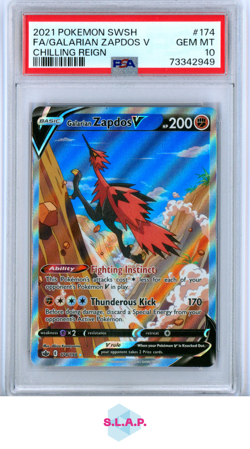FA/GALARIAN ZAPDOS V POKEMON #174 2021 CHILLING REIGN FULL ALT ART EN PSA 10 - Image 1