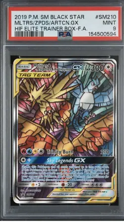 2019 Pokemon SM210 Moltres Zapdos Articuno GX Stained Glass Hidden Fates PSA 9 - Image 1