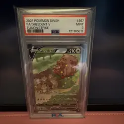 Pokemon TCG 2021 Swsh08 Fusion Strike Greedent V 257/264 Full Art Holo PSA 9 - Image 1