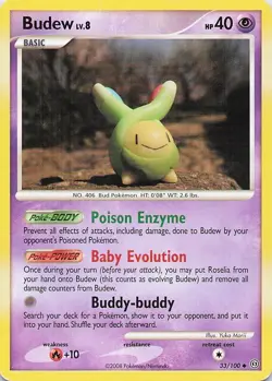Budew - (Artist Yuka Morii) 33/100 Uncommon 2008 Stormfront Pokemon DMG - Image 1