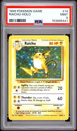 1999 Pokemon Game Raichu Holo Card 14/102 PSA 9 - Image 1