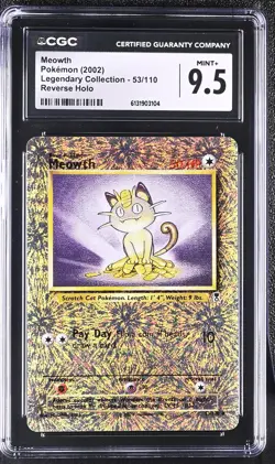 CGC 9.5 MINT+ Meowth 53/110 Legendary (collection) Reverse Holo Pokemon Card - Image 1