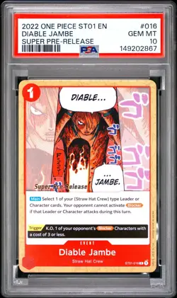 2022 ONE PIECE SUPER PRE RELEASE ST01-016 DIABLE JAMBE PSA 10 GEM MINT - Image 1