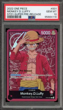 One Piece CCG Monkey.D.Luffy Super Pre-Release ST01-001 PSA 10 Gem Mint - Image 1