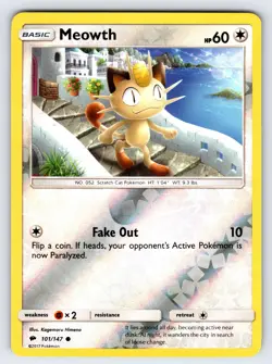 Meowth 101/147 2017 S&M Burning Shadows Pokemon Card TCG Reverse Holo Common VLP - Image 1