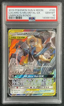 LUCARIO MELMETAL TAG TEAM PSA 10 2019 POKEMON SUN MOON UNBROKEN BONDS 120/214 GX - Image 1
