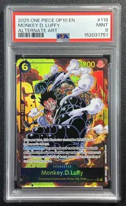 MONKEY D. LUFFY PSA 9 2025 ONE PIECE OP10 EN #OP11-118 SECRET RARE ALTERNATE ART - Image 1