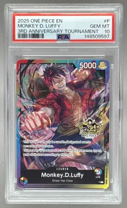 9597 Monkey D. Luffy 2025 One Piece 3rd Anniversary Tournament Promo PSA 10 - Image 1