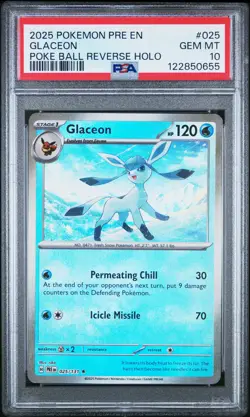 2025 POKEMON PRE EN-PRISMATIC EVOLUTIONS POKE BALL REVERSE HOLO GLACEON PSA 10 - Image 1