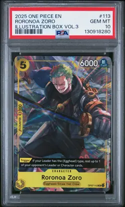 2025 ONE PIECE PROMOS ILLUSTRATION BOX VOL.3 #113 RORONOA ZORO PSA 10 - Image 1