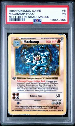 1999 POKEMON BASE SET 1ST EDITION-SHADOWLESS #8 MACHAMP-HOLO PSA 1 LOW POP 204 - Image 1