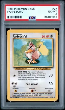 1999 POKEMON BASE SET UNLIMITED #27 FARFETCH'D PSA 6 - Image 1