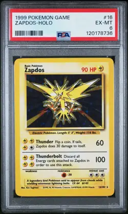 1999 POKEMON BASE SET UNLIMITED #16 ZAPDOS-HOLO PSA 6 - Image 1