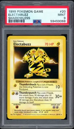 1999 Pokemon Shadowless Base 20/102 Electabuzz Non-Holo PSA MINT 9 - Image 1