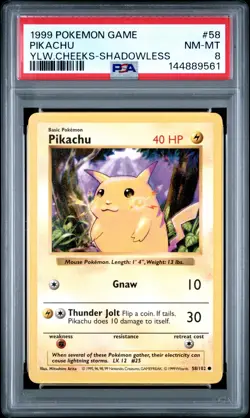 1999 POKEMON BASE SET SHADOWLESS YELLOW CHEEKS-#58 PIKACHU PSA 8 - Image 1