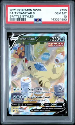2021 POKEMON SWORD & SHIELD BATTLE STYLES #155 FULL ART/TYRANITAR V PSA 10 - Image 1