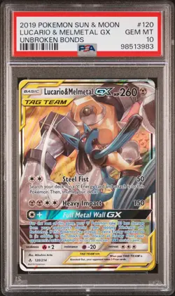 2019 POKEMON SUN & MOON UNBROKEN BONDS #120 LUCARIO & MELMETAL GX PSA 10 - Image 1