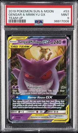 2019 POKEMON SUN & MOON TEAM UP #53 GENGAR & MIMIKYU GX PSA 9 - Image 1