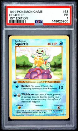 Squirtle 1st Edition PSA 1 1999 Pokemon Base Set Shadowless 1st Ed. #63 LOW POP - Image 1