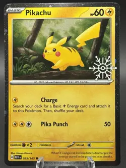 Pikachu 025/165 Holo Pokemon Card Holiday Snowflake Stamp - Image 1
