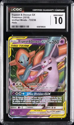 2019 POKEMON UNIFIED MINDS HOLO #72/236 ESPEON & DEOXYS GX CGC 10 GEM MINT - Image 1